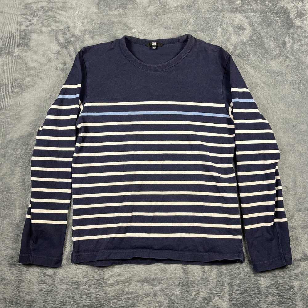 Uniqlo Pullover Sweater Womens Small Blue White Striped Milano Ribbed Crew Neck